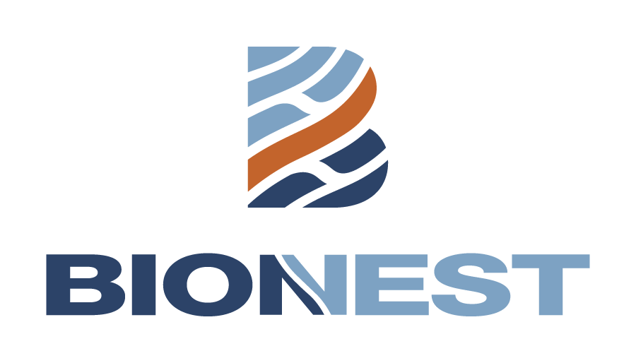 Le logo de bionest est un logo bleu et orange avec une lettre b dessus.