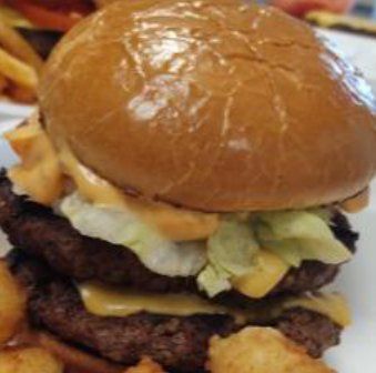 double patty burger with potato tots