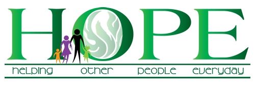 Logo with the word HOPE in green and figures of a family. Below the word are the words: Helping Other People Everyday.