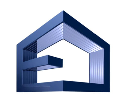 A blue house with the letter e inside of it