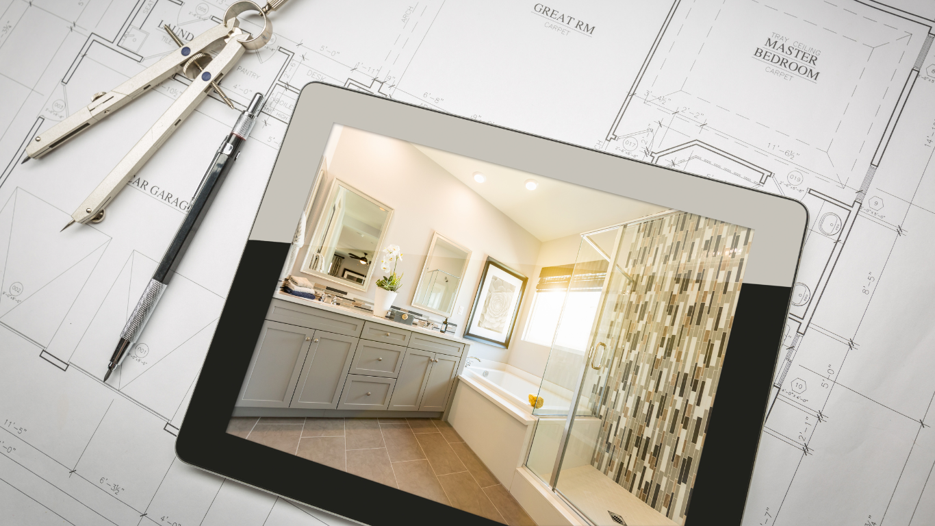 A tablet with a picture of a bathroom on it