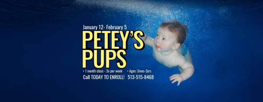 Baby swimming underwater, advertisement for “Petey’s Pups” with dates, text on blue background.