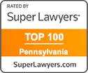 A badge that says `` rated by super lawyers top 100 pennsylvania ''.
