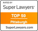 A badge that says `` rated by super lawyers top 50 pittsburgh ''.