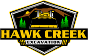 Logo for Hawk Creek Excavation: bulldozer in front of mountains and trees, yellow, black and silver color scheme.