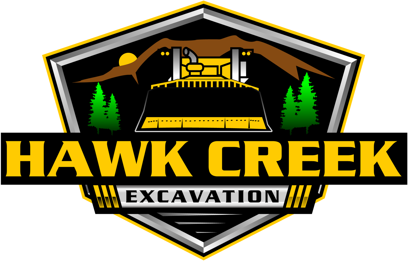 Logo for Hawk Creek Excavation: bulldozer in front of mountains and trees, yellow, black and silver color scheme.