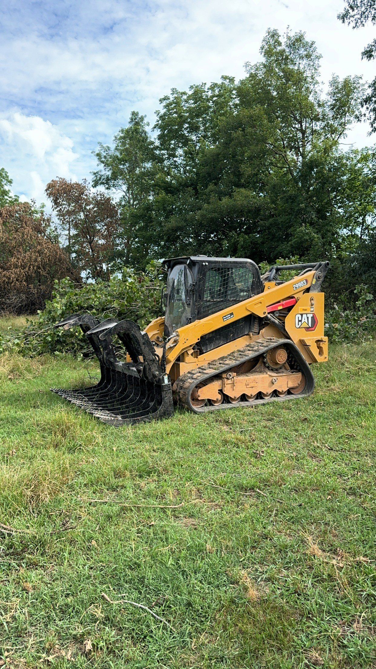 Yellow Caterpillar skid steer clears brush in a grassy field.