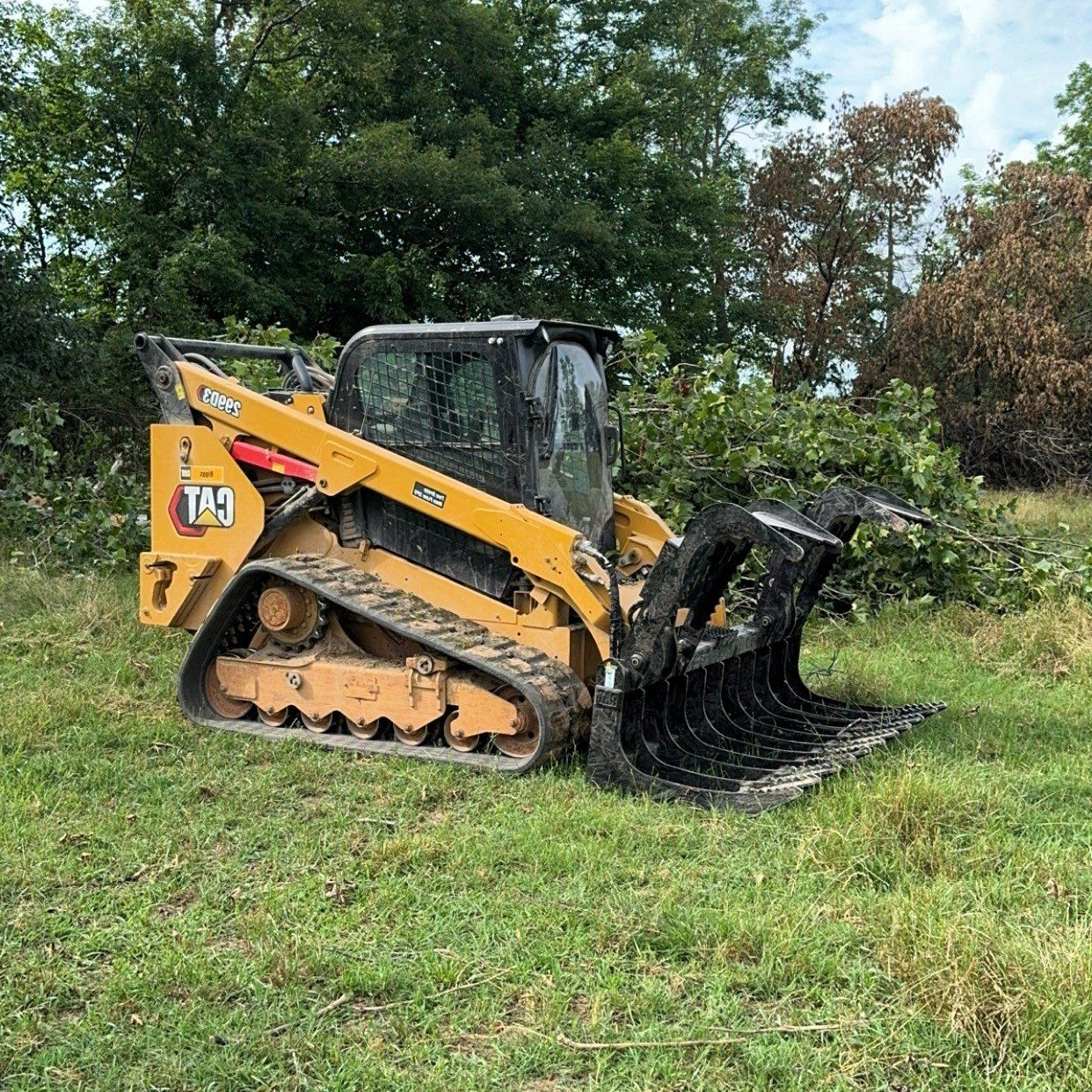 Yellow and black track loader with grapple bucket on grassy field near trees.