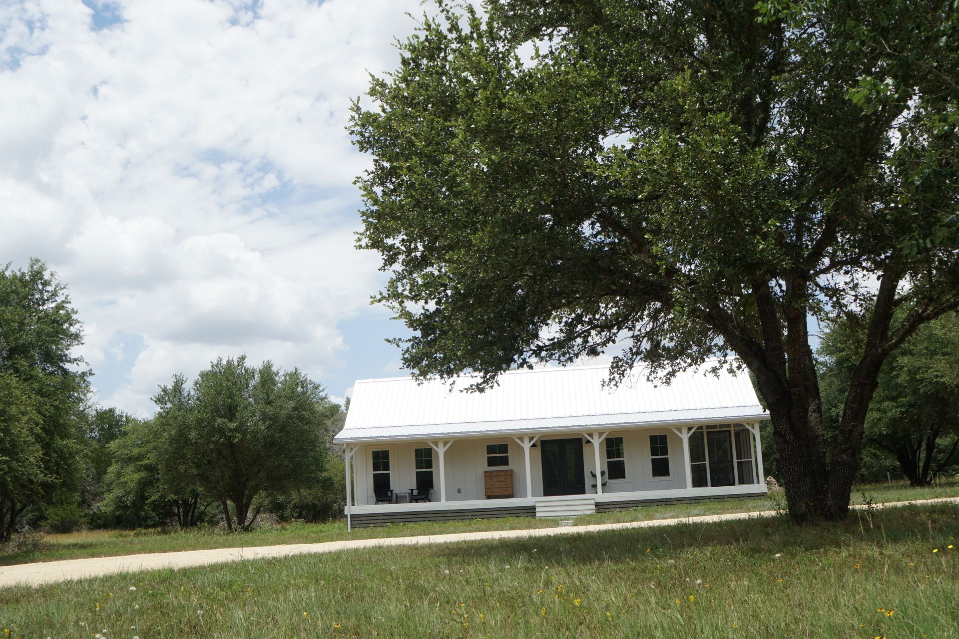 White house with porch, under a large tree, on a grassy plain under a cloudy sky.