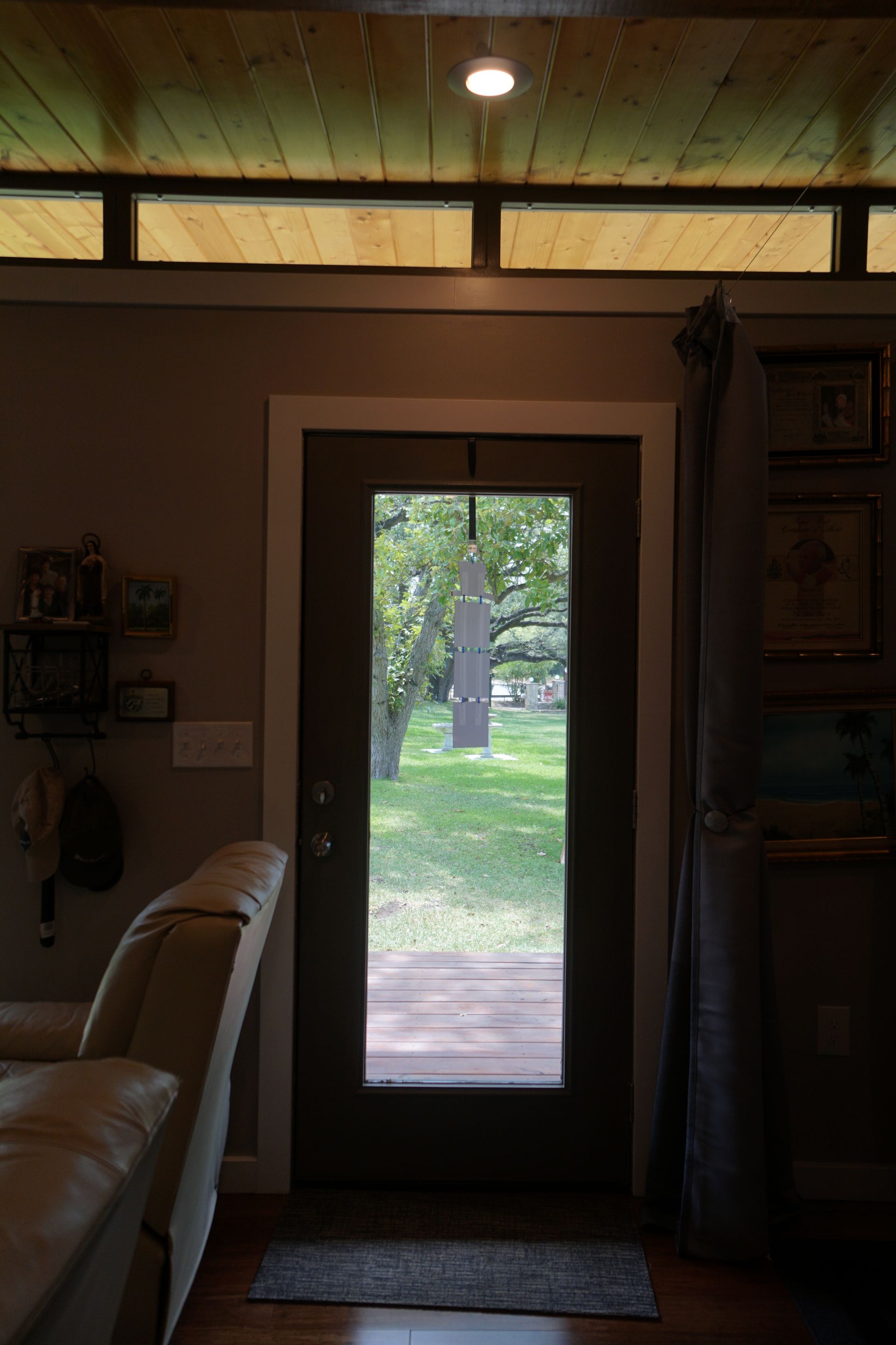 Doorway with glass panel leading to a green yard. Inside, a couch, wall art, and a curtain are visible.