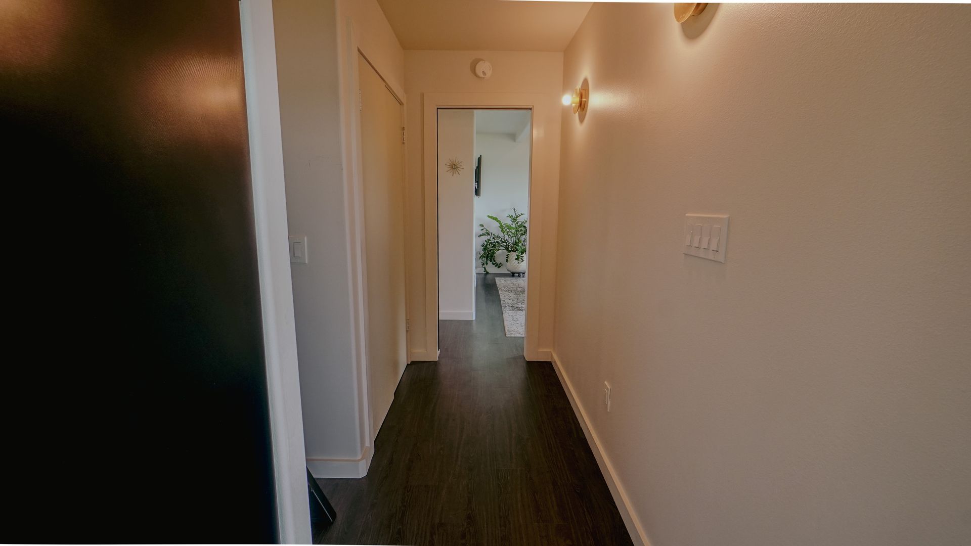 Hallway with dark wood floor, white walls, closet door, and light fixture.