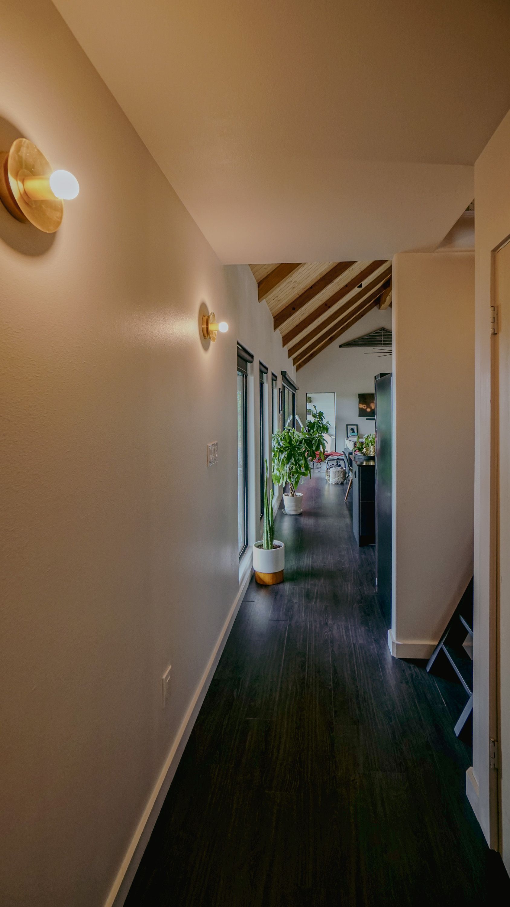 Hallway with dark wood floor, white walls, and accent lighting leading to a room with plants and a high ceiling.