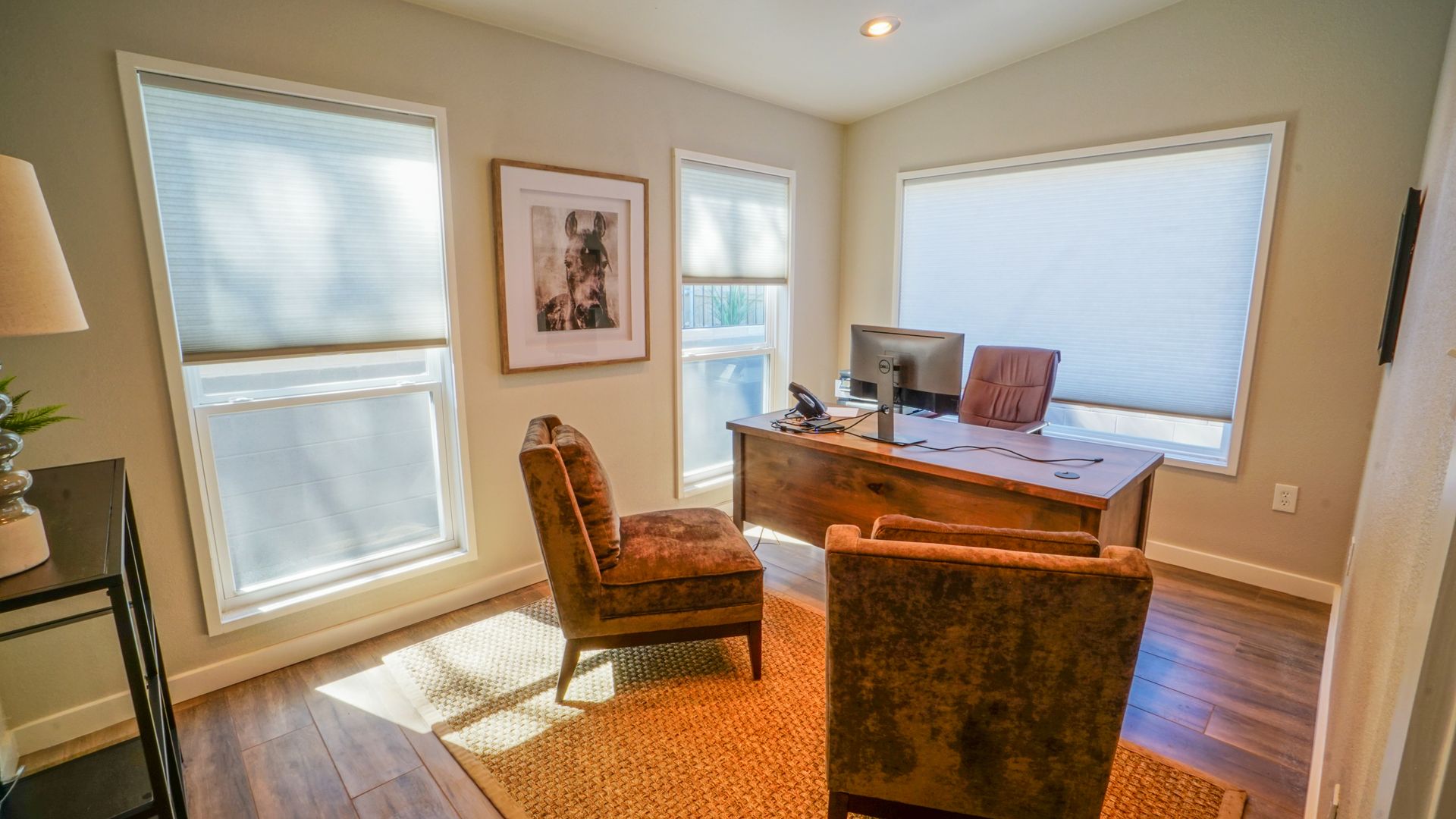 Office space with desk, chairs, artwork, and large windows with blinds; wooden floors and rug.