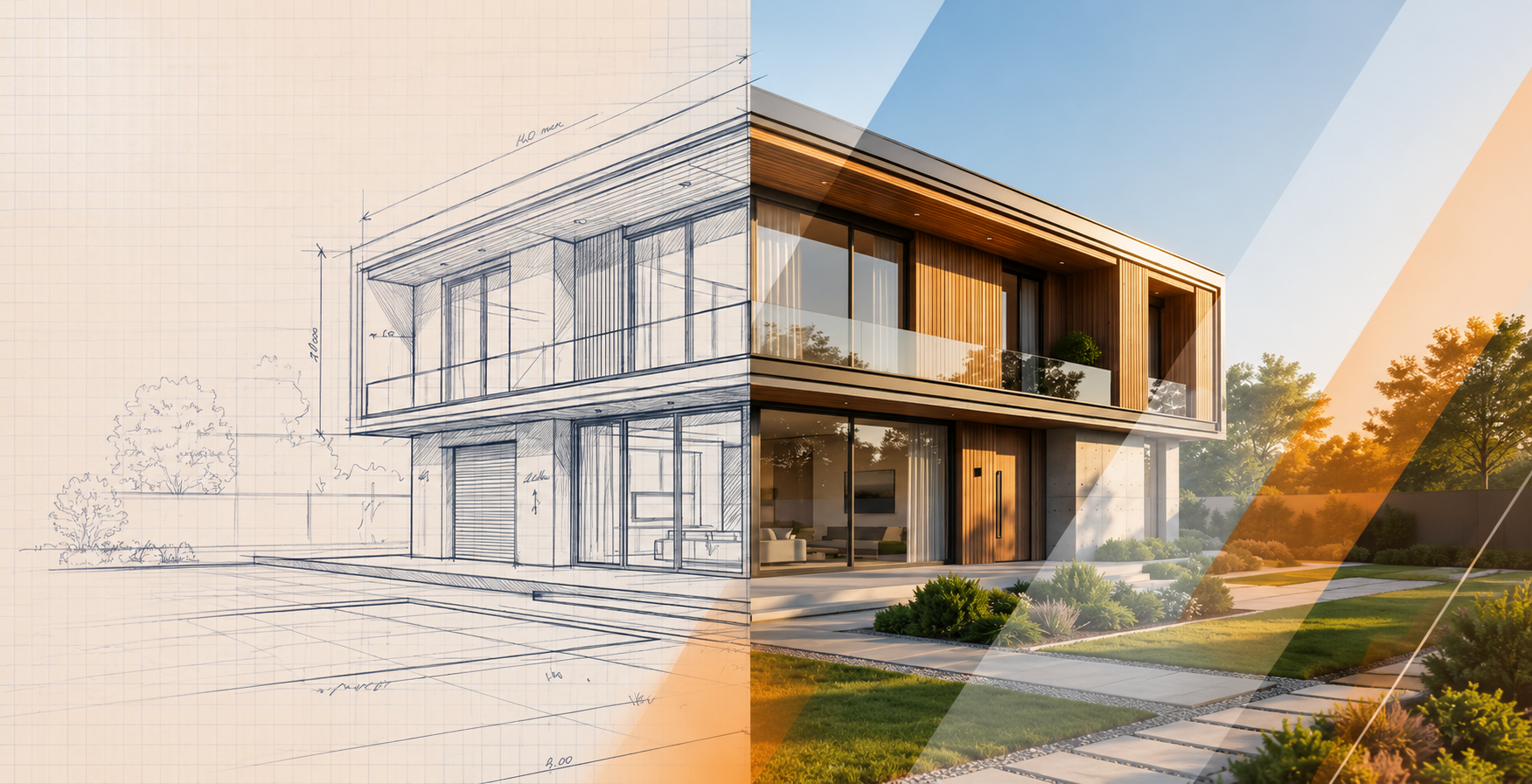 Representación arquitectónica de una casa moderna, dividida entre el boceto del plano y el exterior terminado al atardecer.