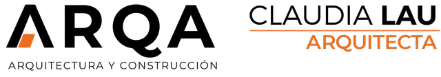 Logotipo de ARQA y marca Claudia Lau Arquitecta sobre fondo blanco con detalles en naranja.