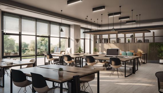Oficina moderna de planta abierta con escritorios, sillas, grandes ventanales y gente trabajando en un espacio de coworking luminoso.