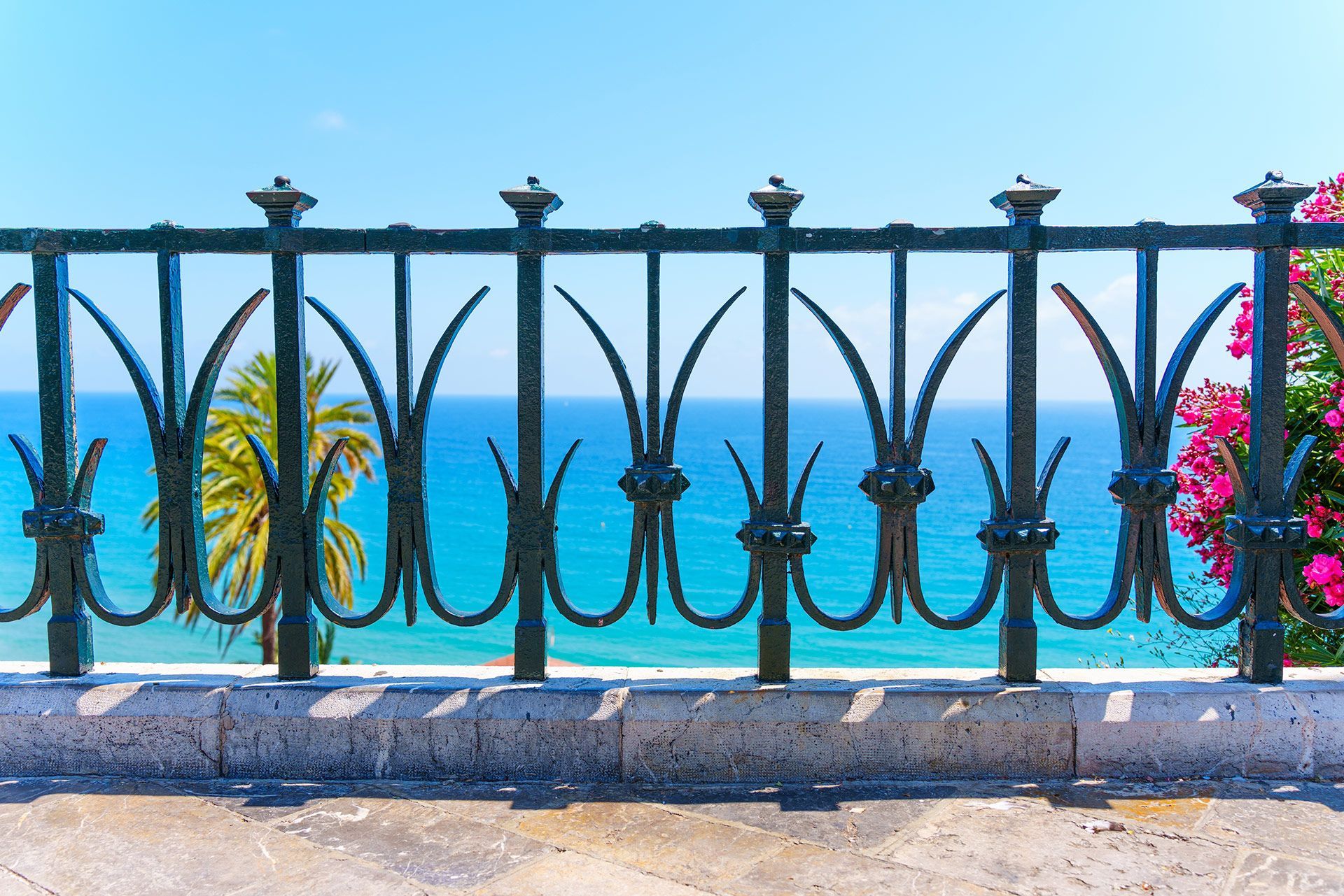 Black wrought-iron railing overlooking turquoise ocean; palm tree and pink flowers visible.