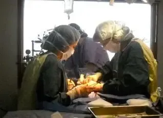 A group of surgeons are operating on a patient in an operating room.