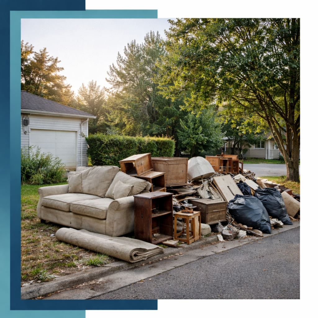 Bull N Bear Dumpster parked in front of a house