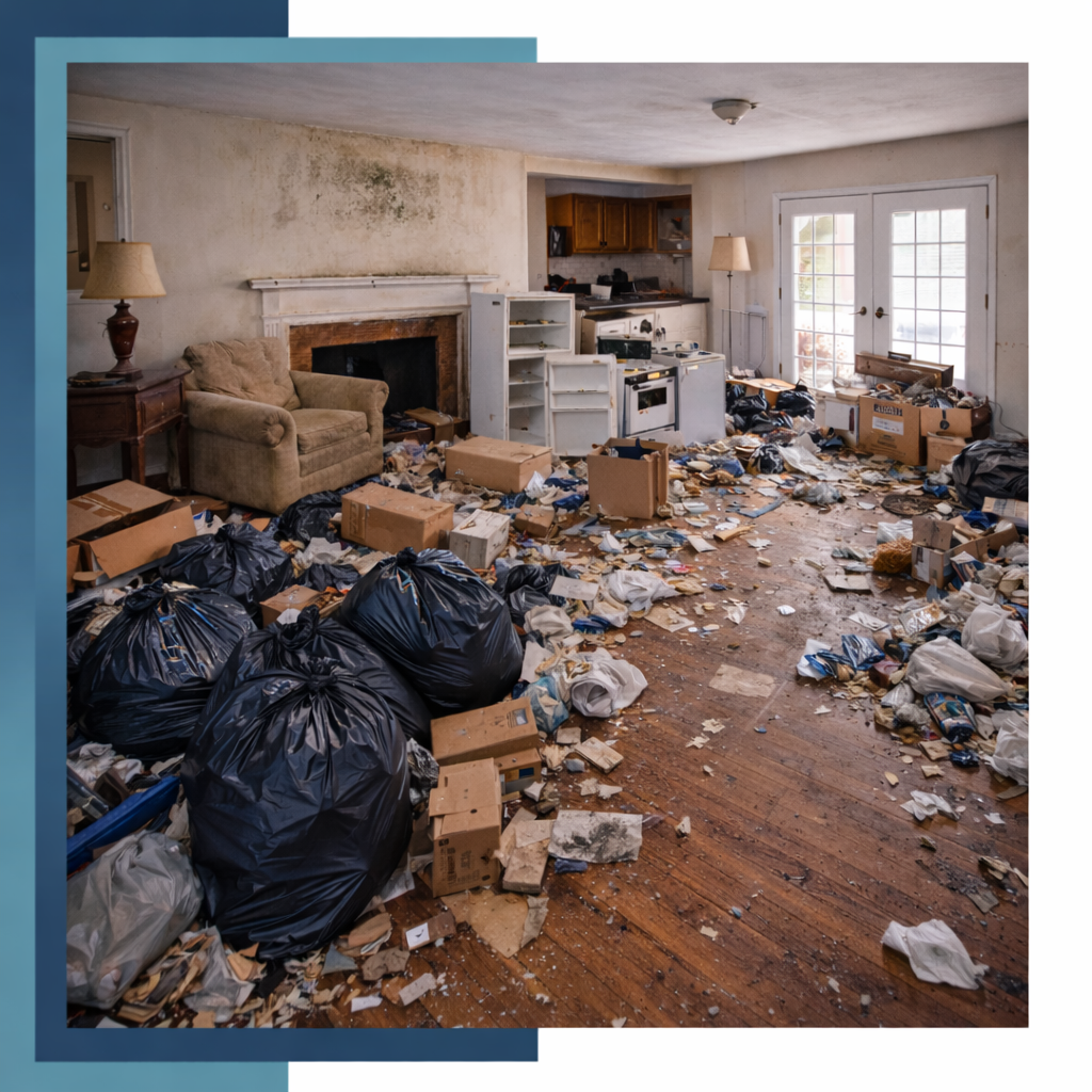 Bull N Bear Dumpster parked in front of a house