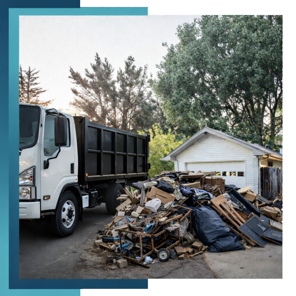 Bull N Bear Dumpster parked in front of a house