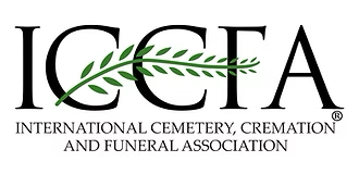 Logo for the International Cemetery, Cremation and Funeral Association, featuring black text and a green olive branch.