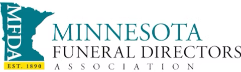 Logo for the Minnesota Funeral Directors Association (MFDA), featuring the state outline in teal and text in black.