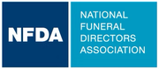 Logo for the National Funeral Directors Association (NFDA) featuring white text on a dark blue and light blue background.