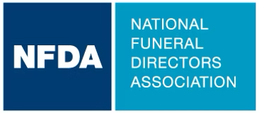 Logo for the National Funeral Directors Association (NFDA) featuring white text on a dark blue and light blue background.