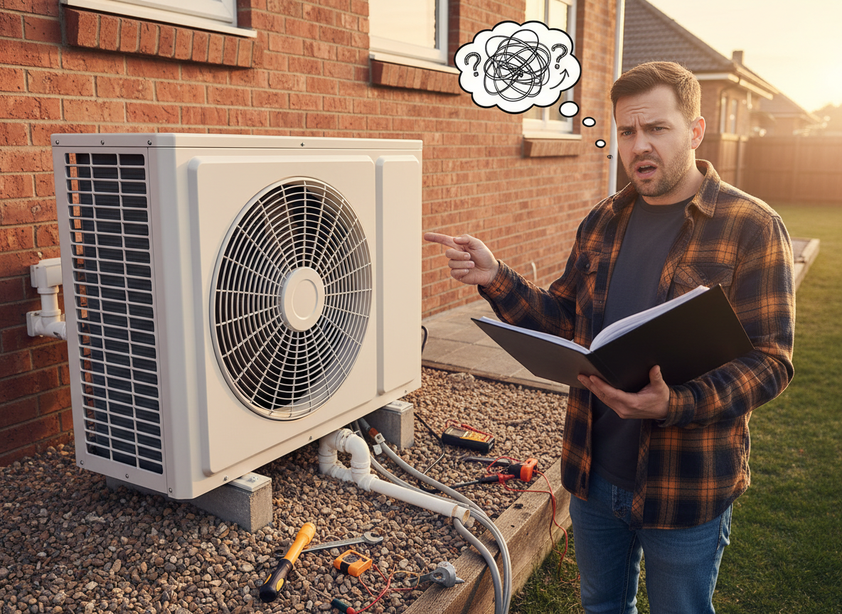 A man looking confused in front of a heat pump