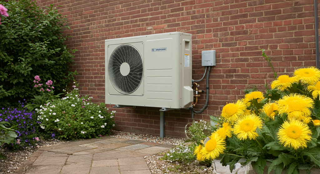 Air source heat pump against brick wall