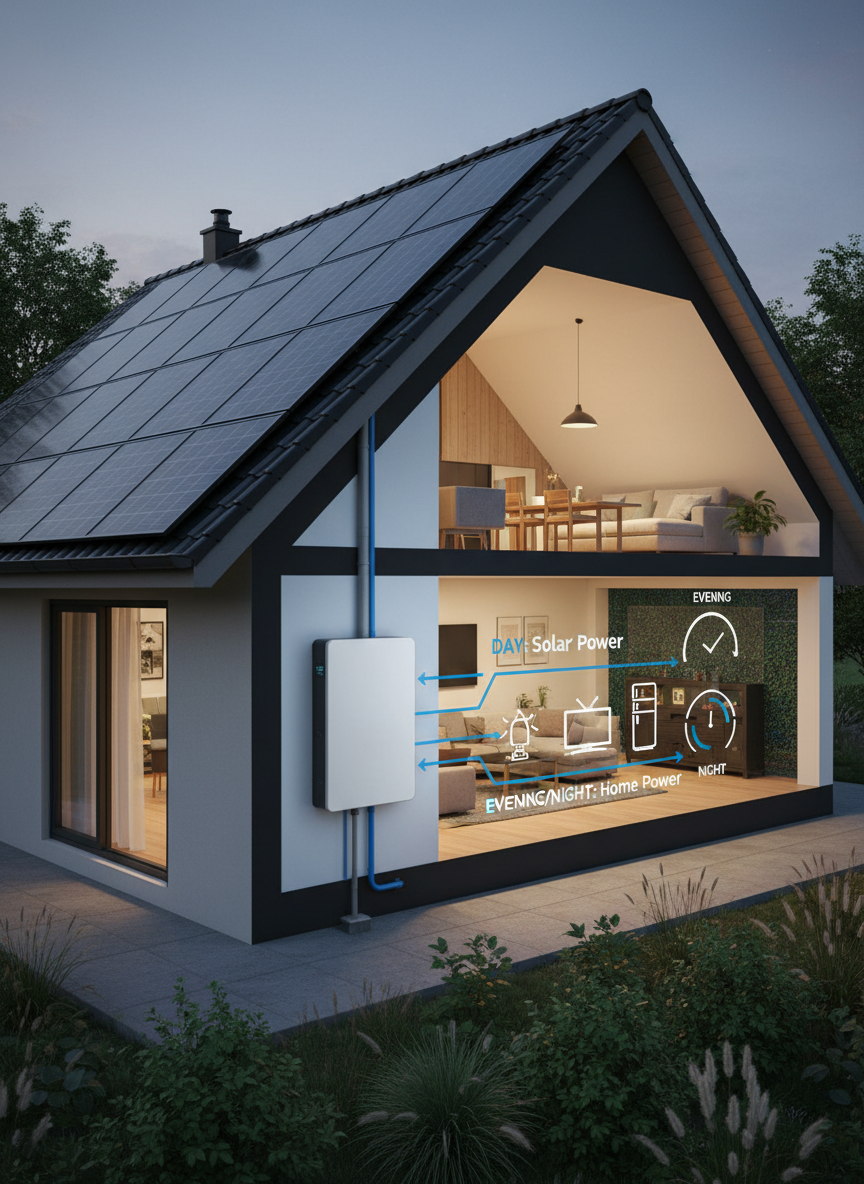 Aerona heat pump outside a kitchen window between a bush and a tree