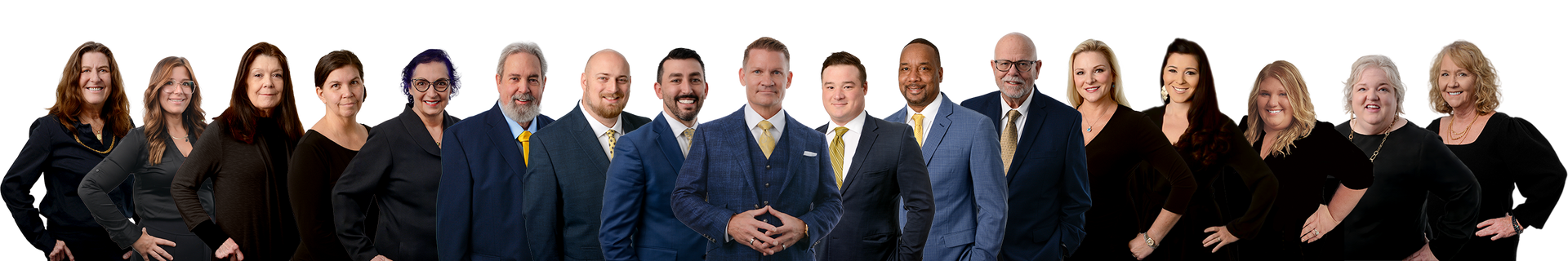 Group of people, wearing business attire, posing.