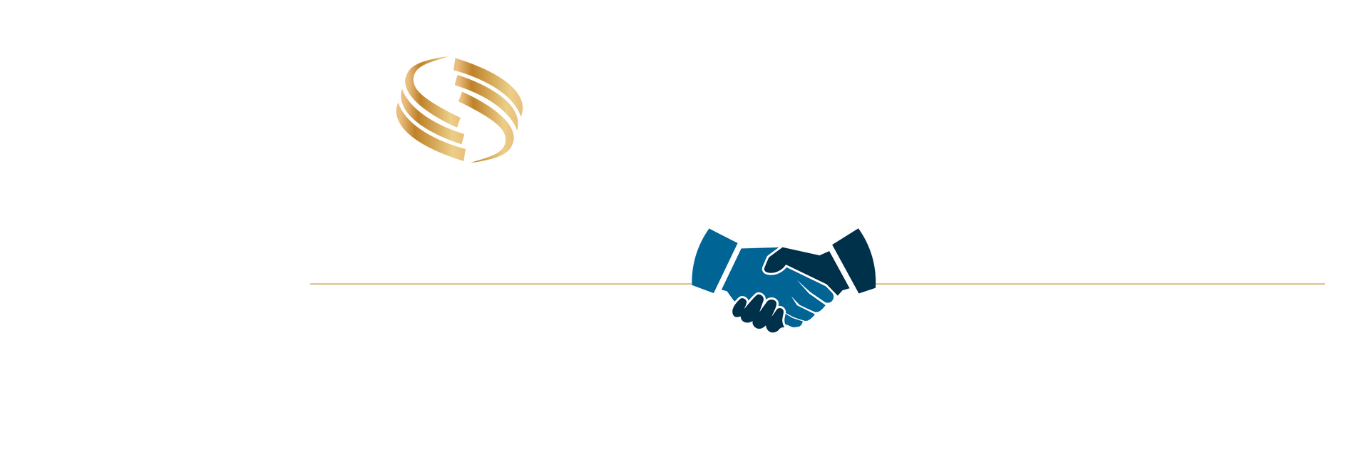 Logo: Gold abstract design and blue interlocking hands.