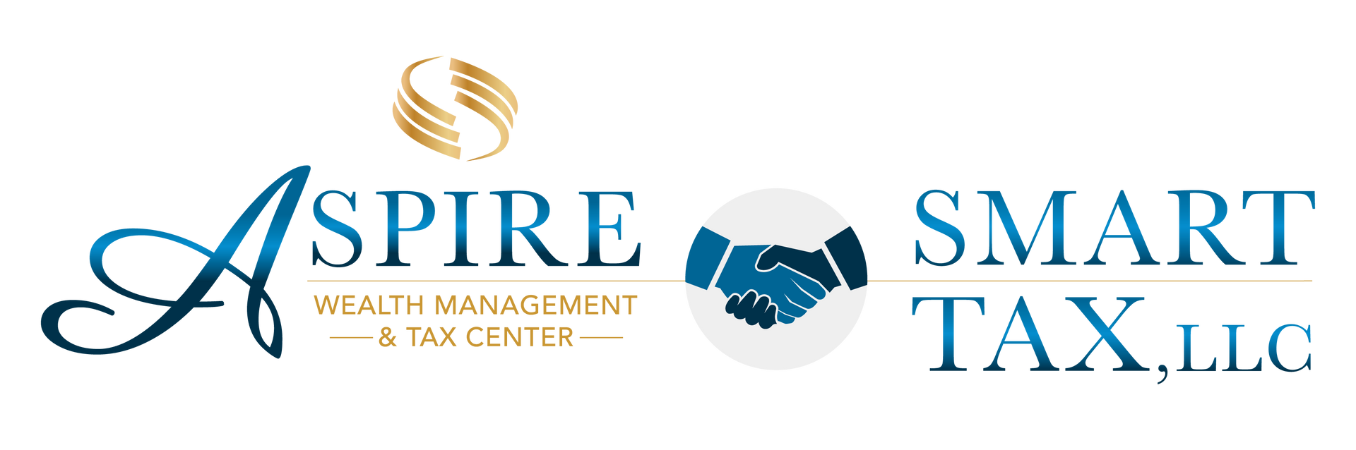 Logo: Aspire Wealth Management & Tax Center with Smart Tax LLC, handshake emblem.