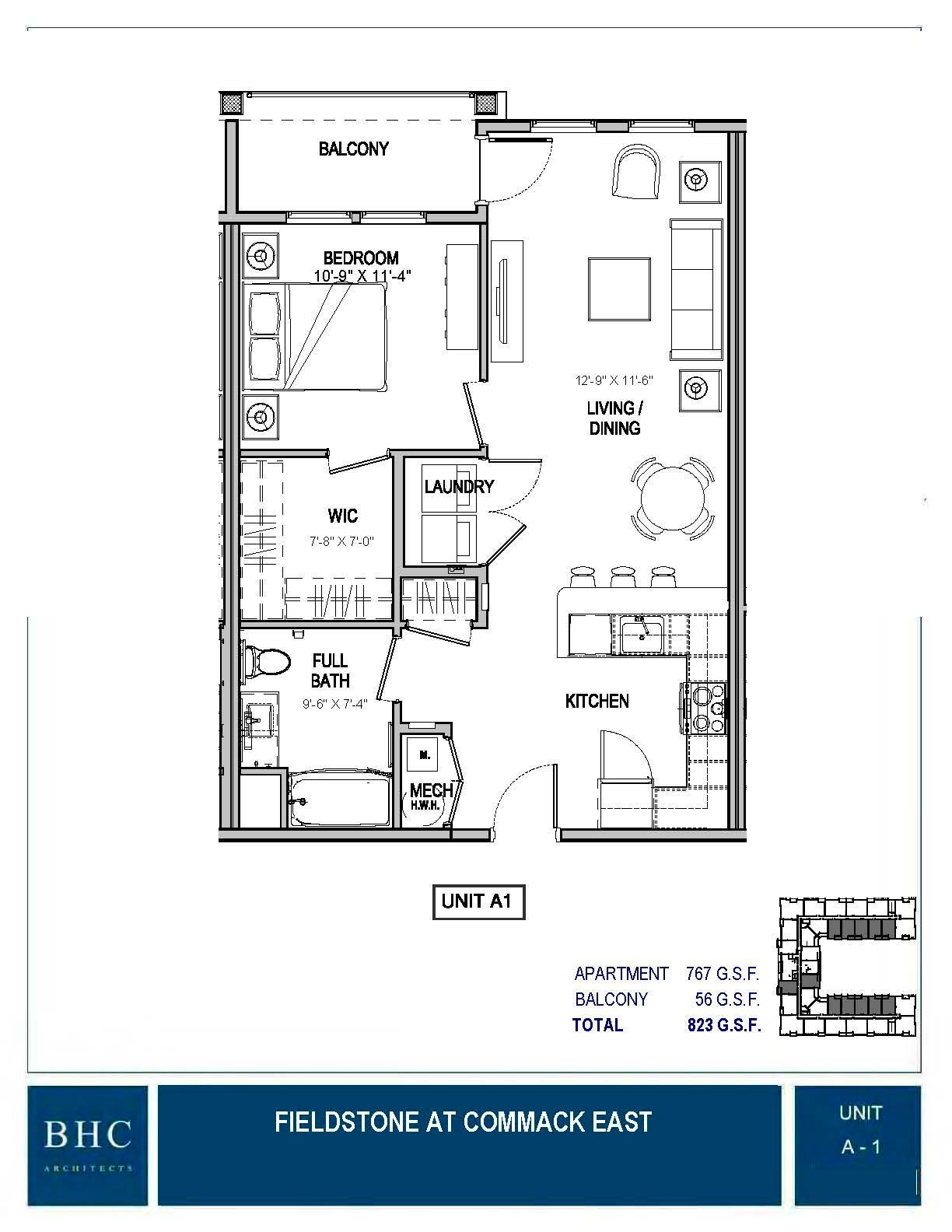 Floor plan of a one-bedroom apartment with a living room, kitchen, bedroom, and bathroom.