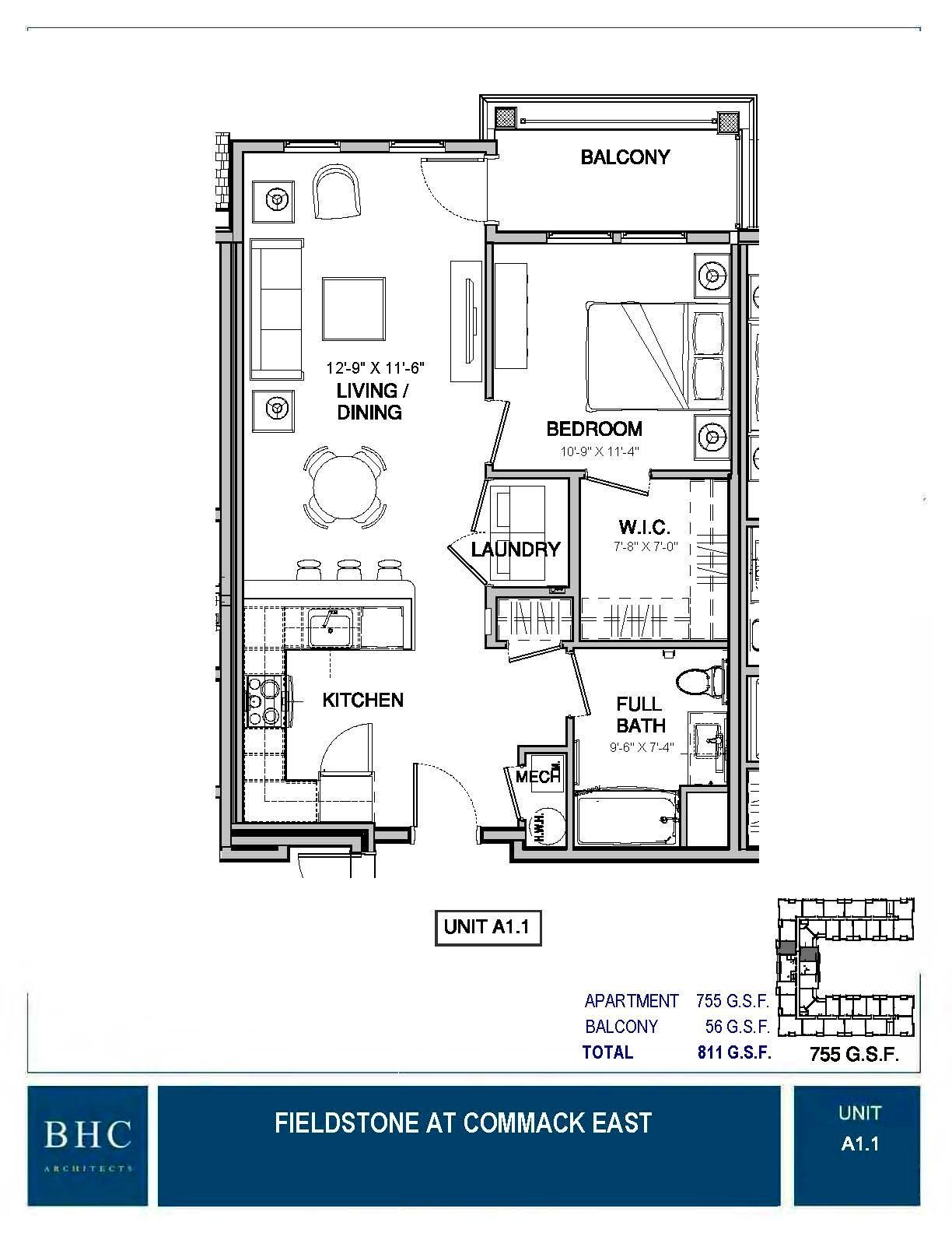 Floor plan of a one-bedroom apartment; shows living room, kitchen, bedroom, bathroom, and small patio.