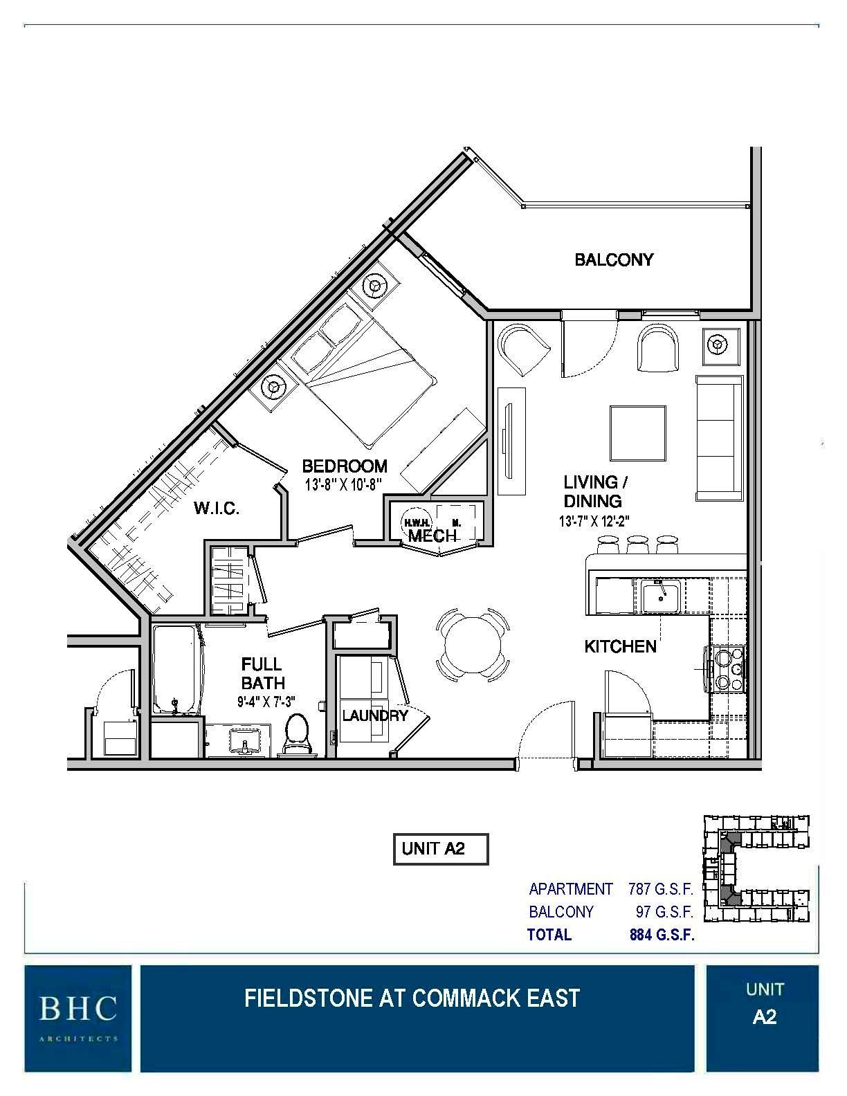 Floor plan of an apartment with a bedroom, living room, kitchen, bathroom, and a small balcony.