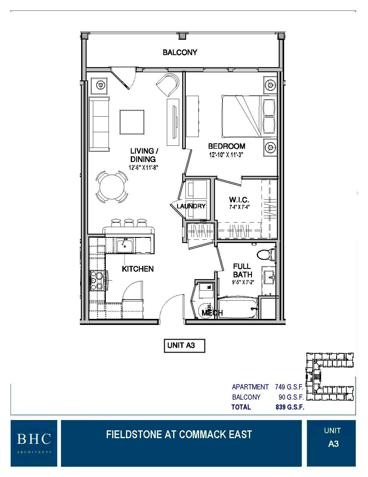 Floor plan of a one-bedroom apartment with a living room, kitchen, bathroom, and a balcony.