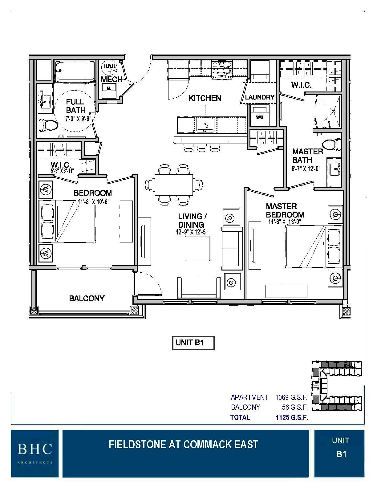Floor plan of an apartment with a kitchen, living room, two bedrooms, and two bathrooms.
