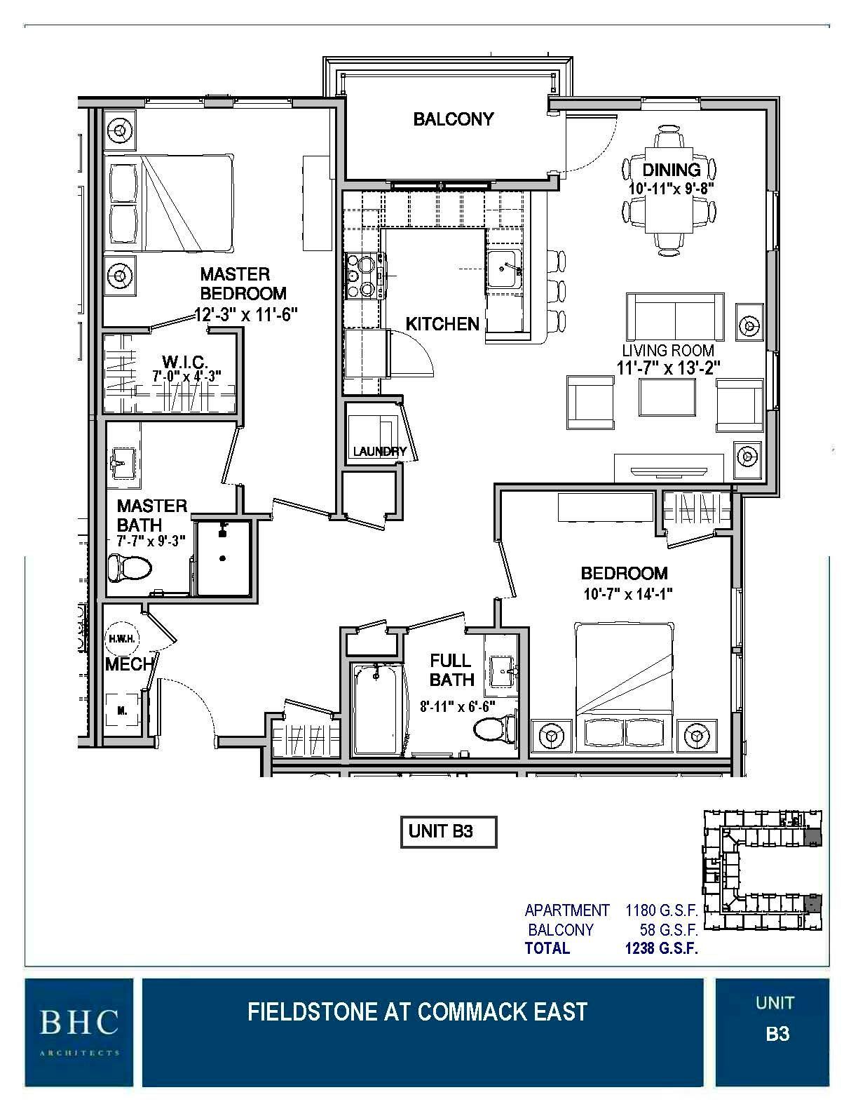 Floor plan of a two-bedroom apartment. Includes bedrooms, bathrooms, kitchen, living room, and balconies.