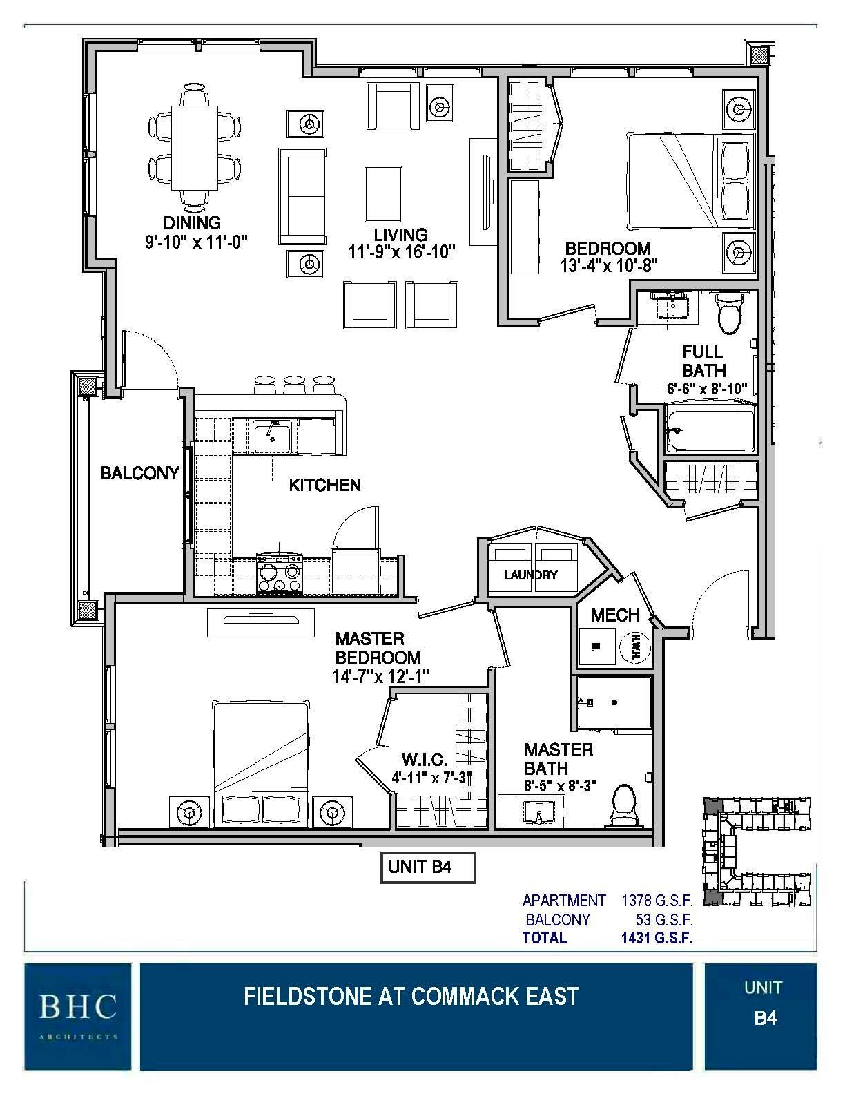Floor plan of a two-bedroom apartment, including a master bedroom, living room, kitchen, and two bathrooms.