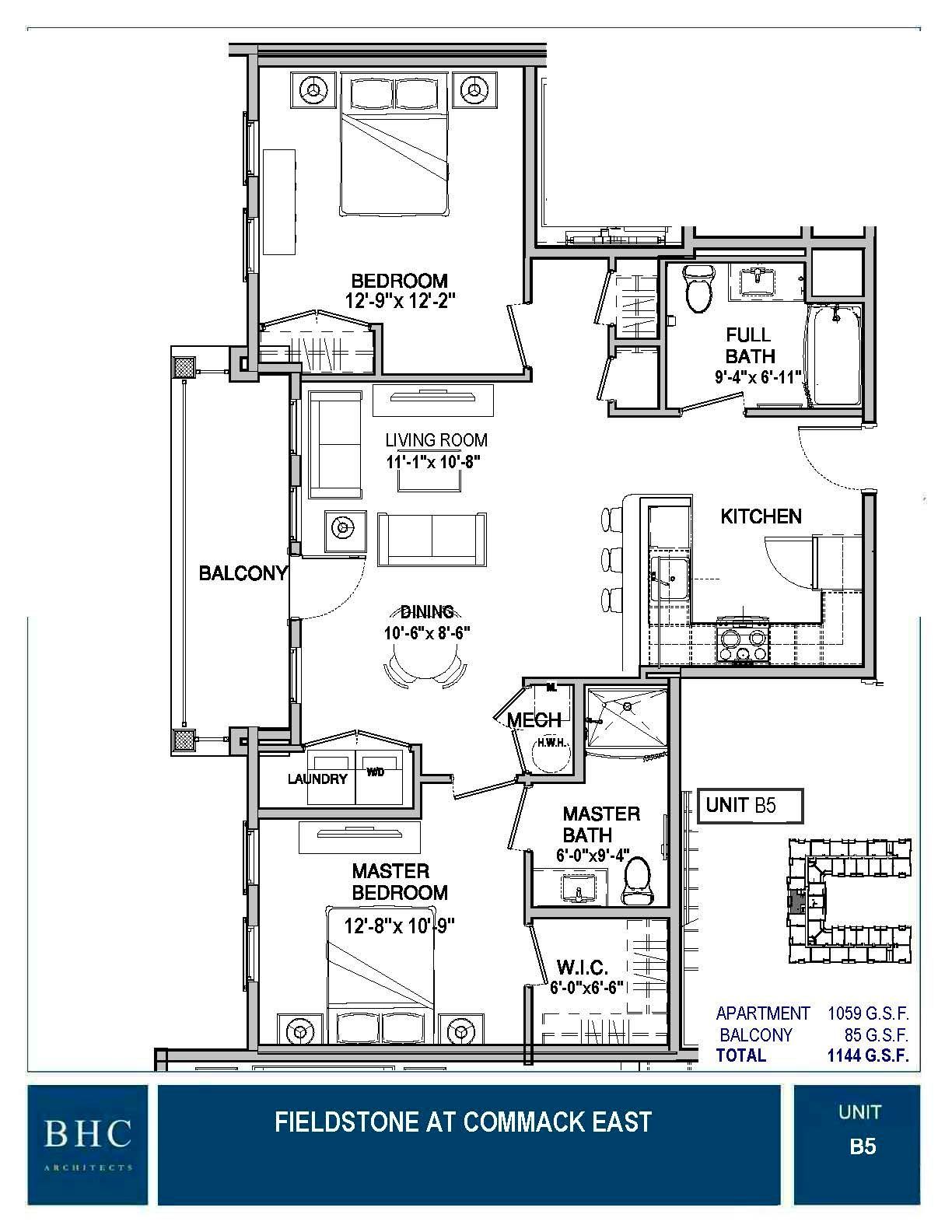 Floor plan of a two-bedroom apartment. Includes master bedroom with en-suite, kitchen, living room, and second bedroom.