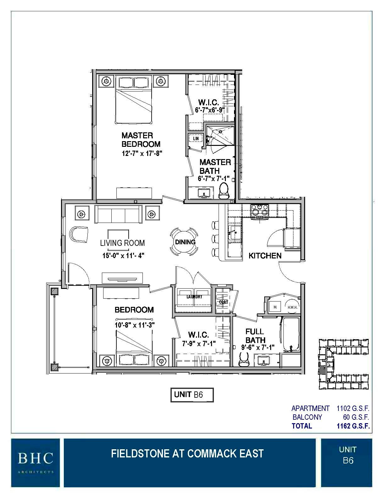 Floor plan of a two-bedroom apartment. Includes living room, kitchen, two bedrooms, and two bathrooms.
