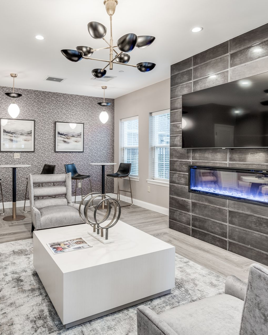 Close up photo of small dining table and lamp