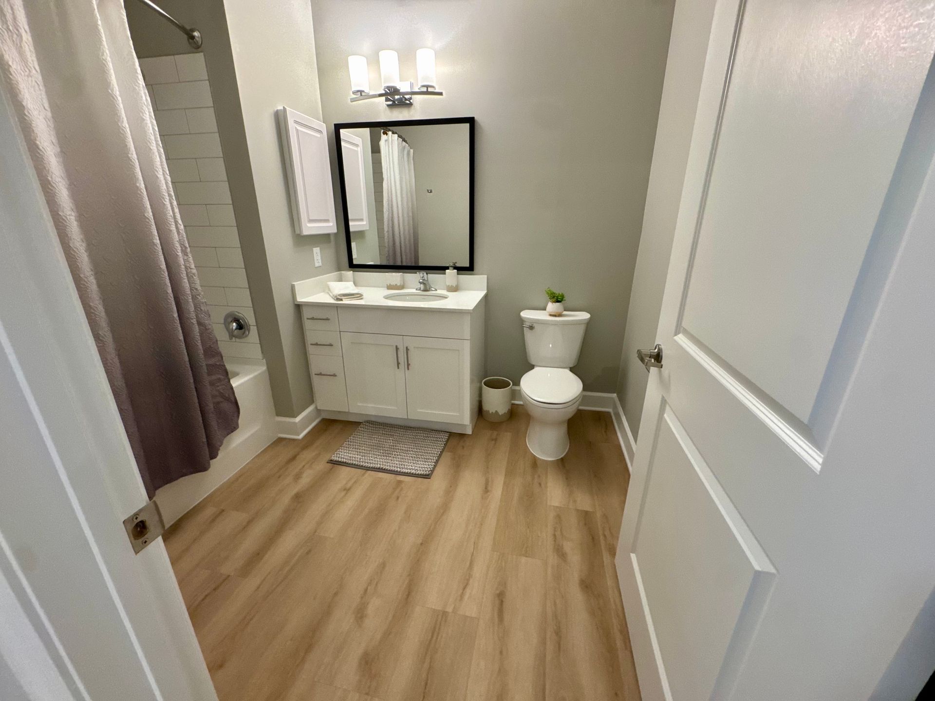 Small bathroom with white vanity, mirror, toilet, and wood-look floor.