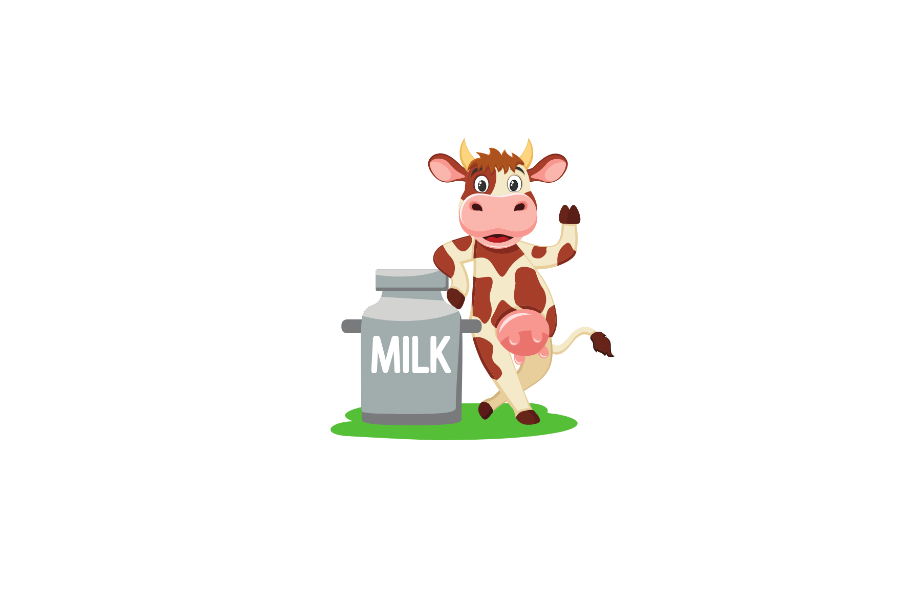 A cow is standing next to a can of milk.