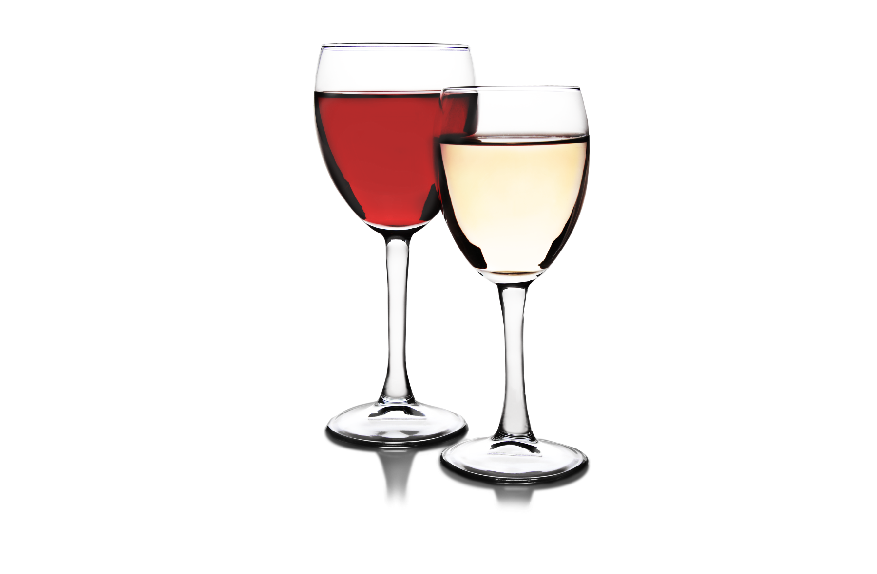 Two wine glasses filled with red and white wine on a white background.