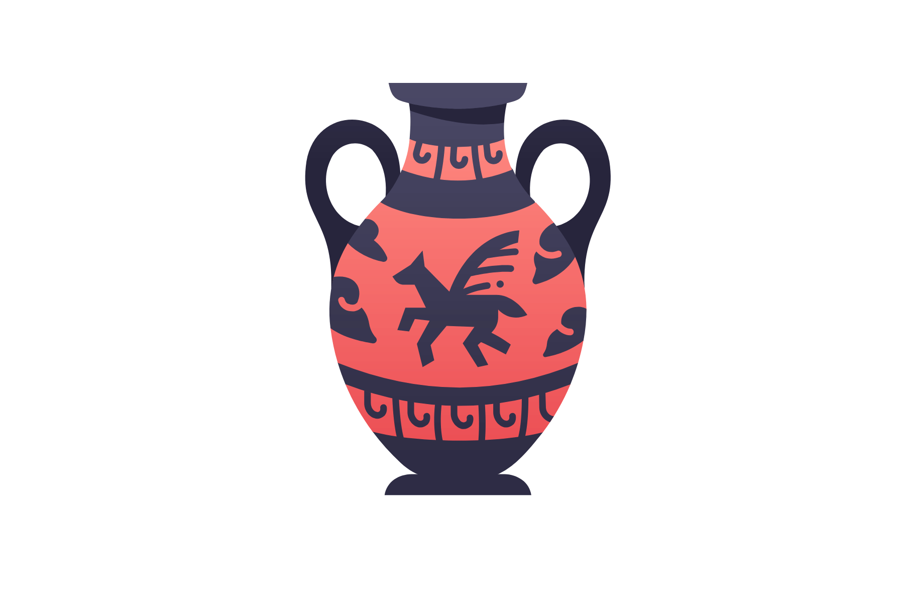 A red vase with a horse on it is on a white background.