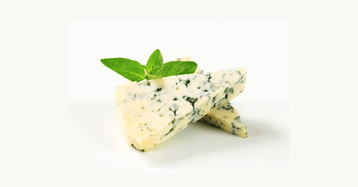 Two pieces of blue cheese with mint leaves on a white surface.